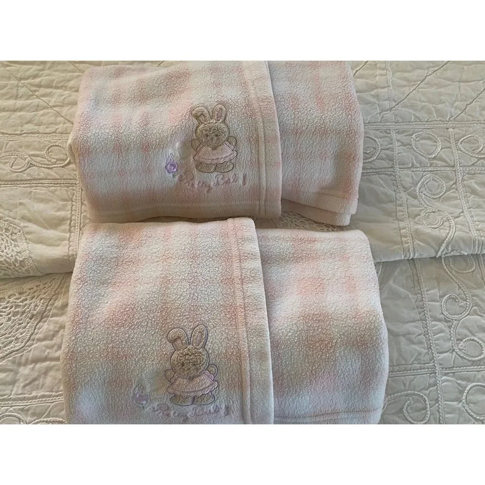 Vintage Simply Basic Pink White Plaid Fleece Pretty Baby Rabbit Security Blanket